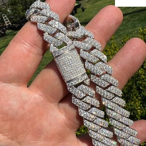 Hand-Set Lab Diamond Prong Cuban Link Chain Necklace | Solid 925 Sterling Silver | Rhodium Finish | 16&quot;-30&quot; | PASSES DIAMOND TESTER!