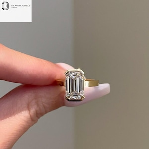 2.30CT Emerald Cut Lab Diamond Solitaire Ring | Half Bezel Set Engagement Ring | 14K Solid Gold Dainty Proposal Ring | Anniversary Gift