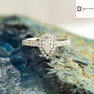 Pear Cut Colorless Lab Diamond Halo Engagement Ring | Teardrop Moissanite Ring | 14K Gold Classic Halo Ring, Anniversary Gift for Women