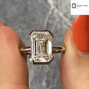 Lab Diamond 2 CT Emerald Cut Solitaire Engagement Ring | Half Bezel Set | 14K Solid Gold Wedding & Proposal Ring