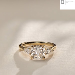 2.15 Ct Cushion Cut Diamond Ring Anniversary Gift Lab Diamond Engagement Ring Three Stone Engagement Ring 10K Yellow Gold Engagement ring