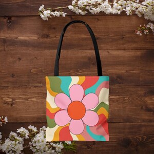 Groovy Blumen Tragetasche, Retro-Einkaufstasche, umweltfreundliche Tragetasche, Sommer Strand unverzichtbar, Geschenk für Blumen-Liebhaber, stilvolles Accessoire