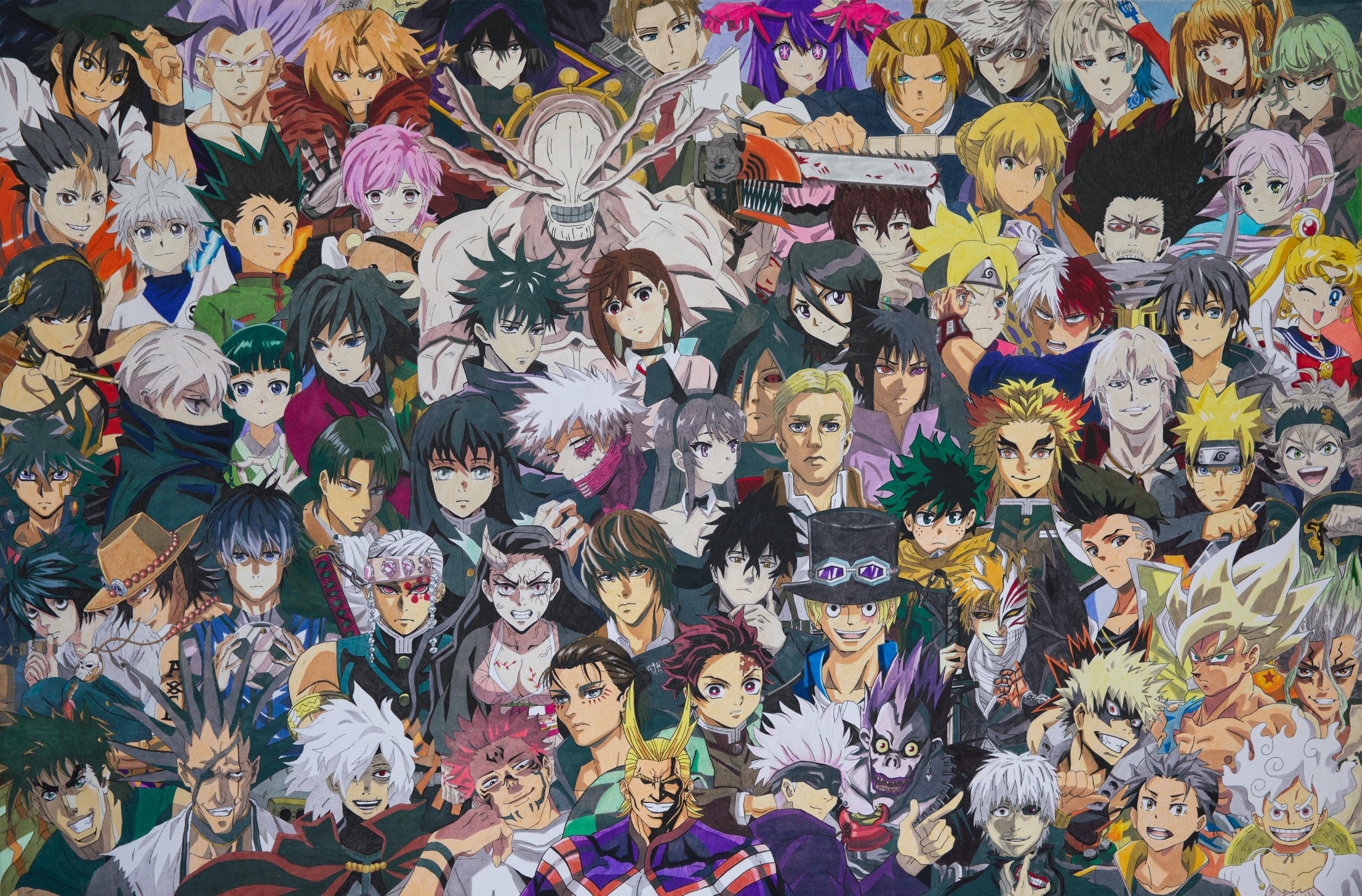 Hand-drawn Anime Canvas Print: 70 Characters, Collectible Art