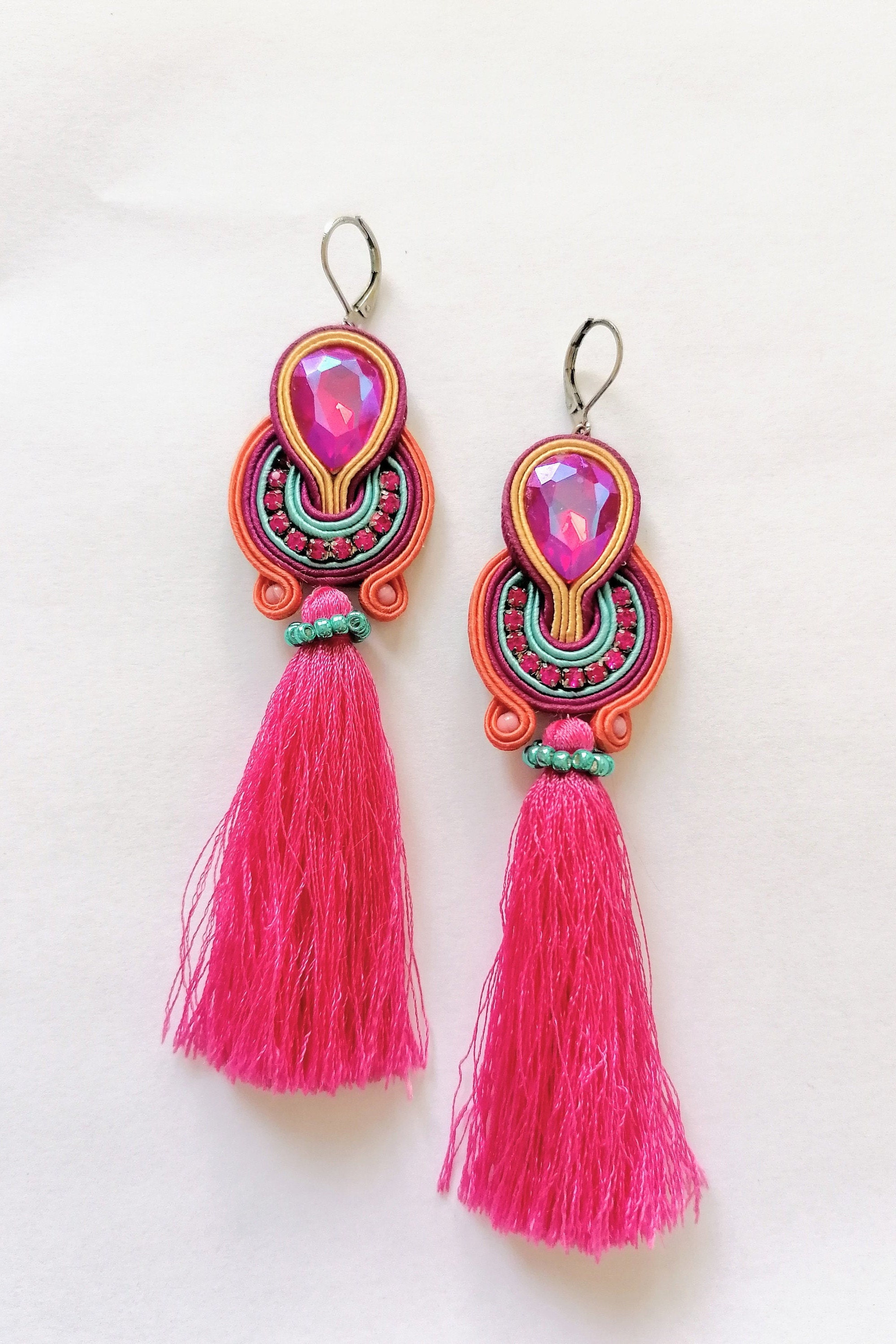 Pink Tassel Earring Swarovski Crystal Earrings Boho - Etsy