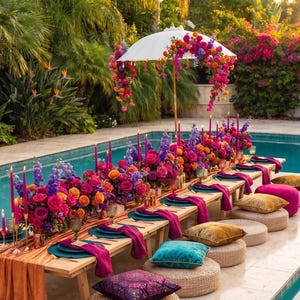 May include: A low wooden dining table set for an outdoor event beside a swimming pool, featuring a long floral centerpiece of pink, orange, and purple flowers, tall magenta candles, teal placemats, and floor cushions in various colors.