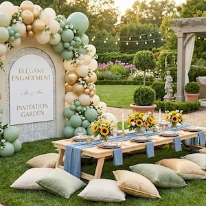 May include: An outdoor event setup featuring an arched backdrop decorated with a balloon garland in sage green, cream, and gold, displaying the text ELEGANT ENGAGEMENT Mr & Mrs INVITATION GARDEN. A low wooden table with blue runners, sunflowers, and floor cushions.