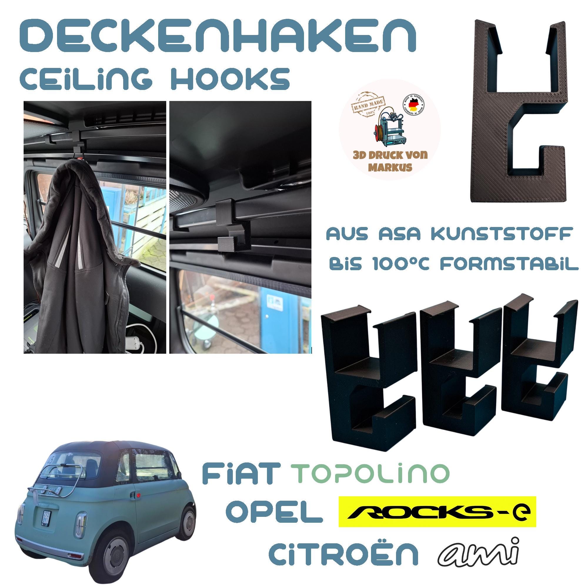 Ceiling hooks, jacket hooks Fiat Topolino, Opel Rocks-e, Citroën Ami, made of ASA plastic Ceiling Hooks