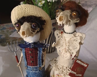 Creature Dolls, "Lyle and Miss Hickory"  Boneheads, Assemblage Art Dolls, Mink Skull Art Dolls