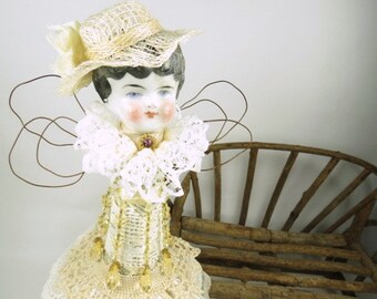 Art Doll Angel "Waiting"  Assemblage Art Angel, Antique Geman Doll Head, Vintage Style Doll