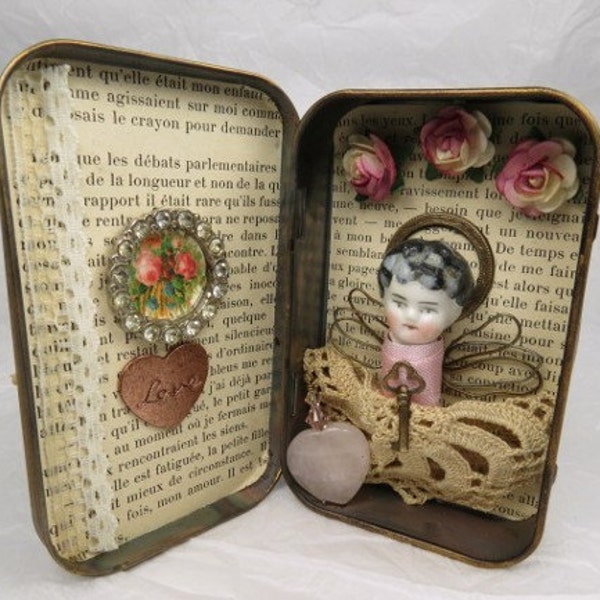 Altered Altoid Tin Assemblage Collage "Amour" with Antique German Doll Head