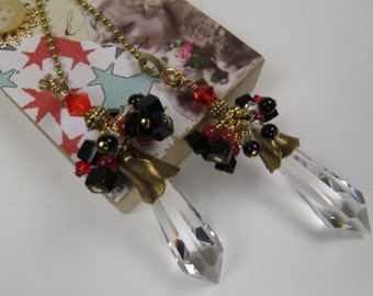 Chain Pull Pair for Ceiling Fan or Lamp with German Crystal Points, Red and Black Beaded Drops and Antiqued Brass Petal  Caps