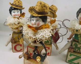 Art Doll, "Ginger, a Safari Sister", Assemblage Doll with Antique Doll Parts and Vintage Blocks,