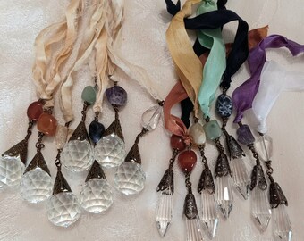 Gemstone Chakra Ornament Set: Crystal Points, Ribbon Hangers
