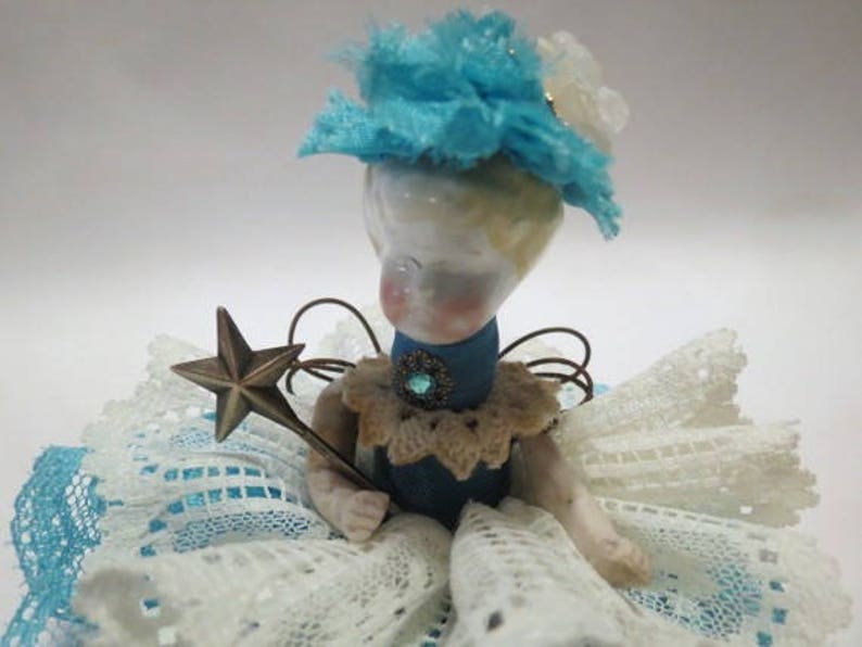 Assemblage Angel Turquoise Assemblage Art Doll, Antique Doll Parts, Vintage Style Art Doll image 3