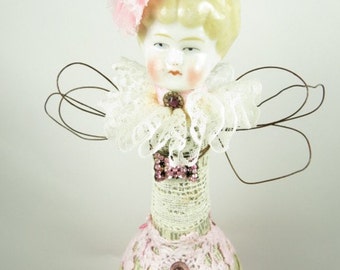 Art Doll Angel Assemblage "Pink Perfection"  Assemblage Art Angel, Antique Geman Doll Head, Vintage Style Doll in Pink