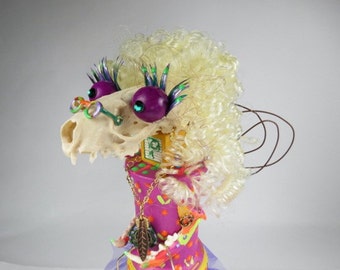 Creature Doll, "Frannie Flowerchild", 1960's, Bonehead, Assemblage Art Doll, Mink Skull Art Doll