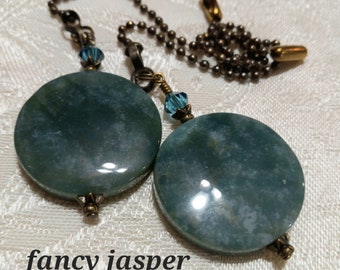 RÉSERVÉ pour ERIN Fancy Jasper Chain Pull Pair pour ventilateur de plafond ou lampe avec perle de pierre précieuse et accent de cristal