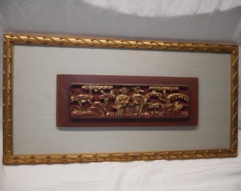 Vintage 19th Century Chinese hand carved Red Gold high Relief Panel in a Garden fragments in cela