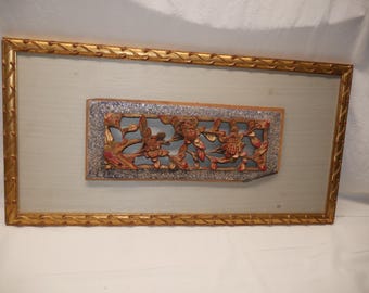 Vintage 19th Century Chinese hand carved Red Gold high Relief panel - Flowers small fragments cela