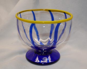 Vintage mid century modern Reijmyre Sweden hand made art glass Cobalt Yellow footed Bowl