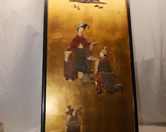 large Vintage Chinese carved Jade Soap Stone & painted Gold Empress Man w/ Offering