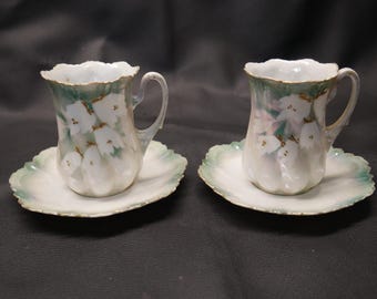 2 Antique RS Prussia Fine China painted Flowers Cup & Saucer sets