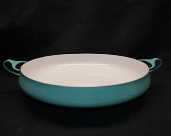 gran Vintage Mid Century Modern Jens Quistgard Dansk Kobenstyle Teal Esmalte manejado 13.5" Paella Pan