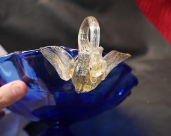 Antique Antonio Salviati Venetian Art Glass Cobalt Blue Gold Swan Center Console Bowl Venice Italy