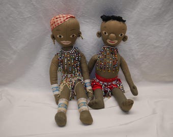 2 Vintage hand made Kenyan African Cloth Beaded Dolls