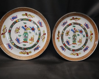 2 antiguos platos de porcelana fina china asiática pintados a mano, firmados, con cinta, para regalo.
