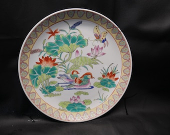 Plato grande vintage de porcelana fina china firmado con forma de pato y mariposa en forma de estanque