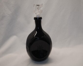 Decantador antiguo Cambridge Elegant de cristal de la época de la Gran Depresión, color negro ébano, con grabado de flor de manzano y tapón.