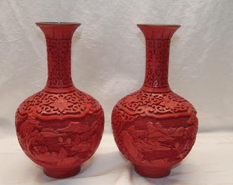 2 Vintage Chinese Asian Red Cinnabar & Enamel Flower Vase