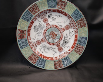 Enorme plato vintage de porcelana fina china con diseño de dragón, flores y pájaros firmado