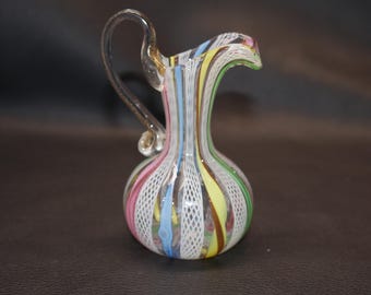 Vintage Venini Zanfirico Latticino cinta italiana multicolor Art Glass Pitcher