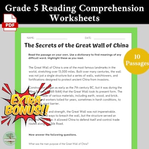 May include: A worksheet for fifth grade students about the Great Wall of China. The worksheet has a title, "The Secrets of the Great Wall of China", and includes a passage about the wall's history and purpose. The worksheet also includes a question asking students to identify the main purpose of the Great Wall of China.