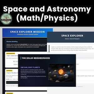 Puede incluir: Material educativo titulado "Espacio y Astronomía (Matemáticas/Física)" con el logotipo de SmartReadLab. La imagen presenta diapositivas sobre la exploración espacial, incluyendo informes de misión, problemas de matemáticas e información sobre el sistema solar.