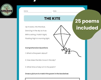 25 poèmes amusants pour enfants – Cahier de compréhension en lecture | Pack de poésie imprimable pour les années 1 et 2 | Fiches de lecture pour la maternelle