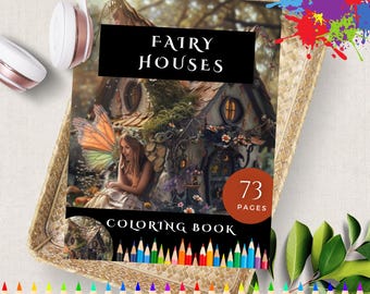 Livre de coloriage maison de fées-Pages de coloriage imprimables-Art en niveaux de gris pour adultes-Livre de coloriage imprimable-Activités pour enfants-Coloriage à l’école à la maison