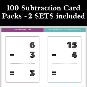 100 Subtraction Flash Cards, Printable Math Cards for Kids, Math Flashcards for Kids, Homeschool Resources, Kindergarten Flash Cards