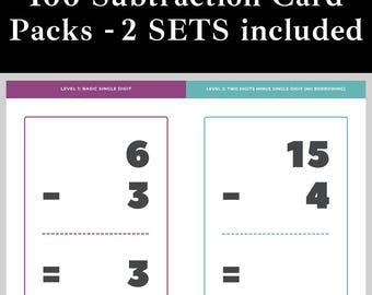 100 cartes flash de soustraction, cartes mathématiques imprimables pour enfants, cartes flash de mathématiques pour enfants, ressources pour l'enseignement à domicile, cartes flash pour la maternelle