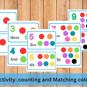 Actividad de conteo y color con pompones, números del 1 al 10, combinación de colores, matemáticas para niños pequeños en edad preescolar, habilidades motoras finas, material educativo imprimible