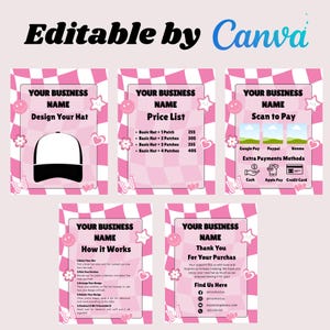 Modelo de bar de boné de caminhoneiro, totalmente editável pelo Canva, crie seu boné, lista de preços, formas de pagamento, instruções e mensagem de agradecimento, pacote de bar de boné