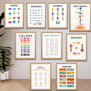 Pósteres educativos, 12 impresiones para la educación en el hogar, decoración de aulas Montessori, sala de juegos para niños pequeños, guardería infantil neutra, impresión de arte de pared para sala de juegos boho
