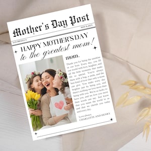Plantilla de periódico editable para el Día de la Madre, regalo personalizado para el Día de la Madre, tarjeta imprimible para el Día de la Madre, inserto de flores, regalo digital para el Día de la Madre