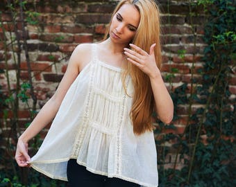 White Tunic, White Summer Top, White Lace Top, Plus Size Clothing, Ivory Top, Summer Tunic Top, Sheer Tunic, Summer Tank, Edwardian Clothing