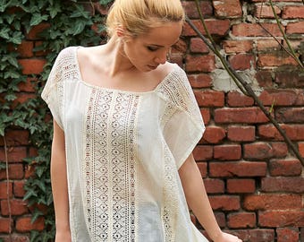 White Tunic, Lace Summer Top, Crochet Top, Boho Top, Summer Tunic Top, See Trough Tunic, Bohemian Clothing, Plus Size Tunic, 1970's Clothing