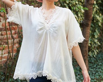 Blusa de encaje blanco, top de encaje de verano, blusa transparente, top de algodón orgánico, ropa eduardiana, top de túnica de verano, top de manga corta, top blanco