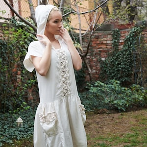 Crochet Dress, Elven Dress, Hooded Dress, Elven Clothing, Puff Sleeve, White Maxi Dress, Festival Clothing, Boho White Dress, Cotton Dress
