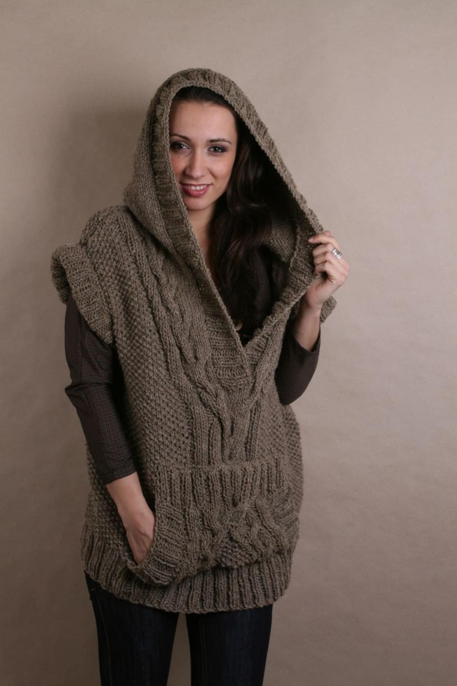 Hand Knitted, Hooded Hoodie, Women Vest, Hooded Vest, Steampunk